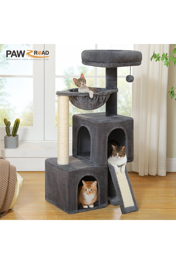 41" Cat Tree Condo with Hamock, Cat Scratcing Post Tower Ramp for Indoor Cats,Dark Gray