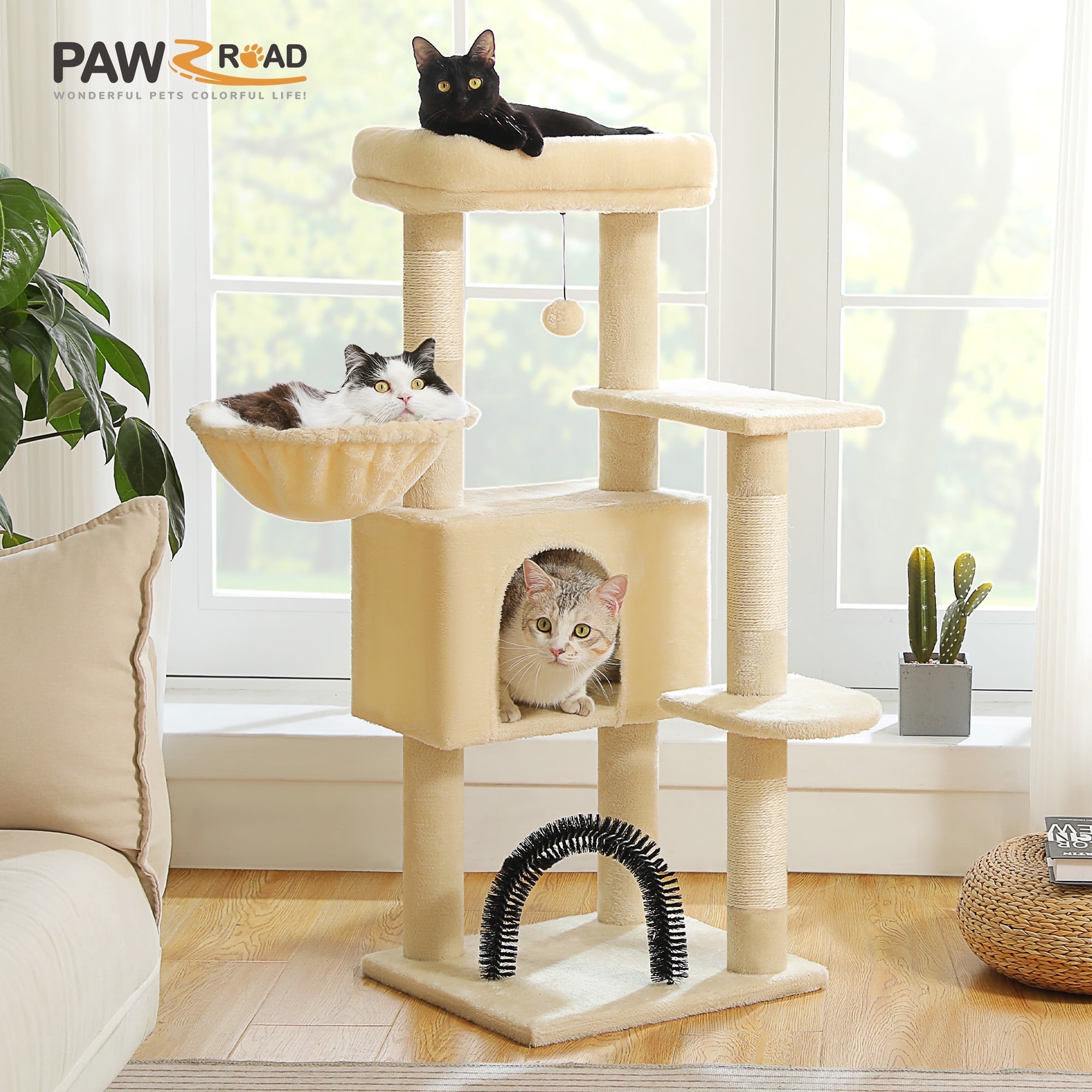 PAWZ Road 42" Cat Tree Condo With Large Perch Scratching Posts for Indoor Cats, Beige