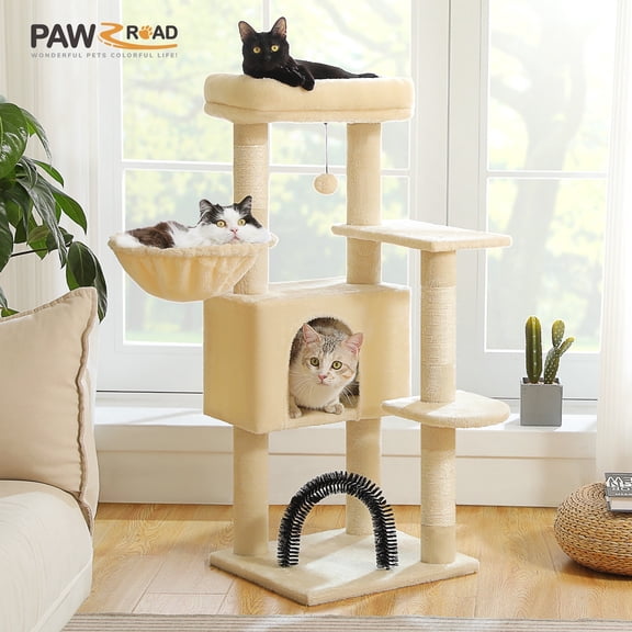 PAWZ Road 42" Cat Tree Condo With Large Perch Scratching Posts for Indoor Cats, Beige