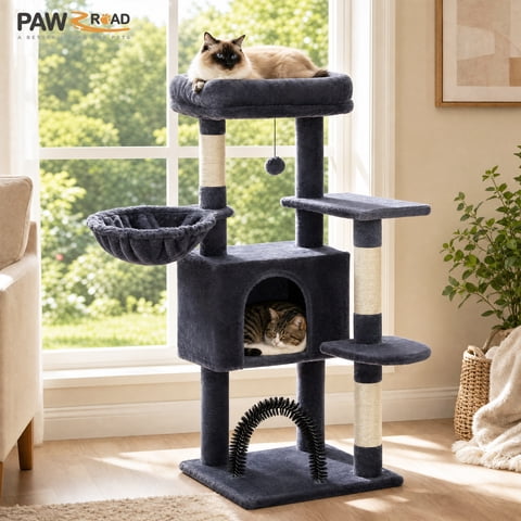 PAWZ Road 42" Cat Tree Condo With Large Perch Scratching Posts for Indoor Cats, Dark Gray