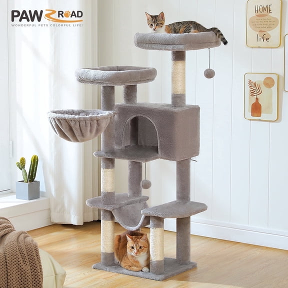 PAWZ Road 46.5" Multi-Level Cat Tree with Condo, 2 Perches and 2 Hammocks, Hanging Toys for Indoor Cats,Gray