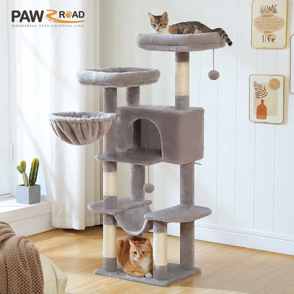 PAWZ Road 46.5" Multi-Level Cat Tree with Condo, 2 Perches and 2 Hammocks, Hanging Toys for Indoor Cats,Gray