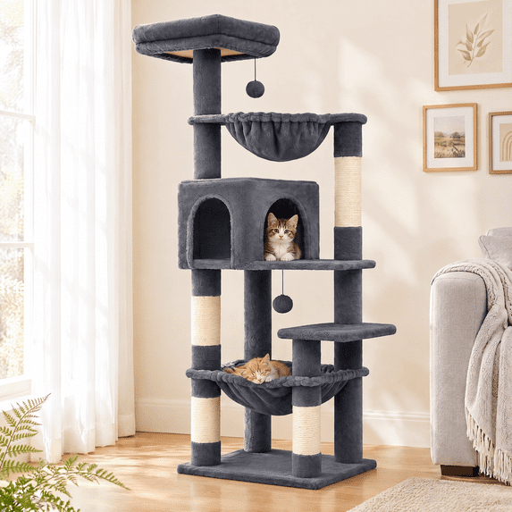 PAWZ Road 49 in Cat Tree for Medium Cats, Multi Level Tower with Two Hammocks, Condo and 4 Sisal Scratching Posts, Dark Gray
