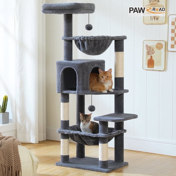 PAWZ Road 49" Multi-Level Cat Tree Tower with Two Hammocks & Condo for Indoor Cats, Dark Gray