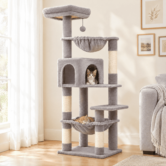 PAWZ Road 49 in Cat Tree for Medium Cats, Multi Level Tower with Two Hammocks, Condo and 4 Sisal Scratching Posts, Gray