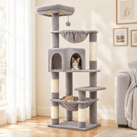 PAWZ Road 49 in Cat Tree for Medium Cats, Multi Level Tower with Two Hammocks, Condo and 4 Sisal Scratching Posts, Gray