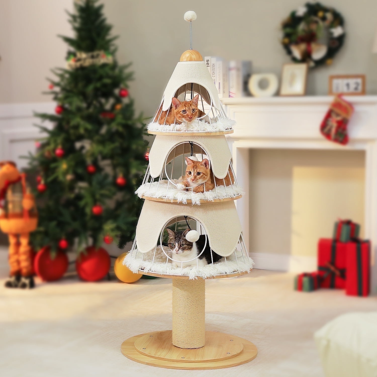 PAWZ Road 51.2" Christmas Cat Tree for Indoor Cat Modern Cat Tower with 3 Cat Condos and Scratch Post, White