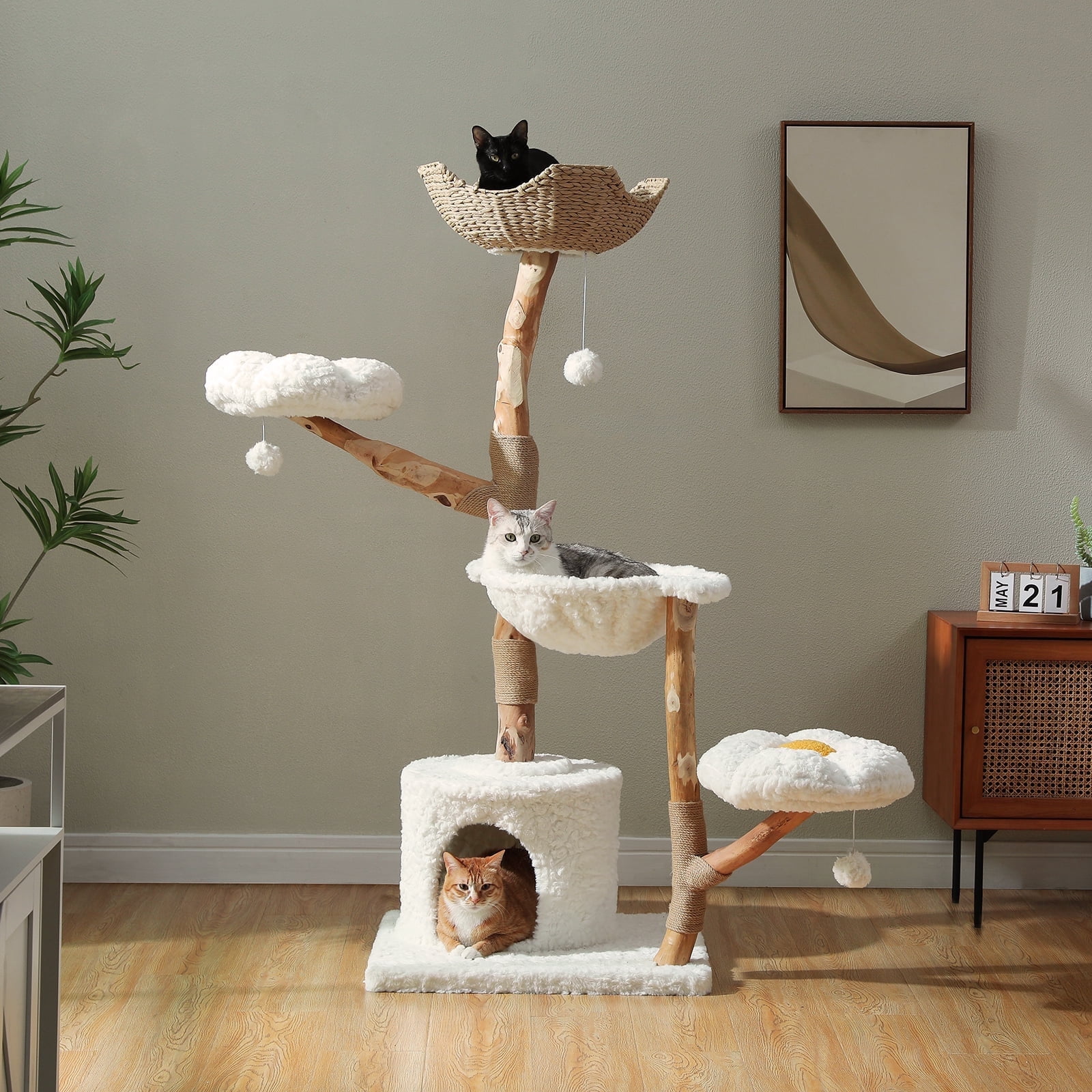 PAWZ Road 59" Modern Cat Tree Natural Branch Cat Tower Luxury Furniture with Scratching Posts for Large Cats, White