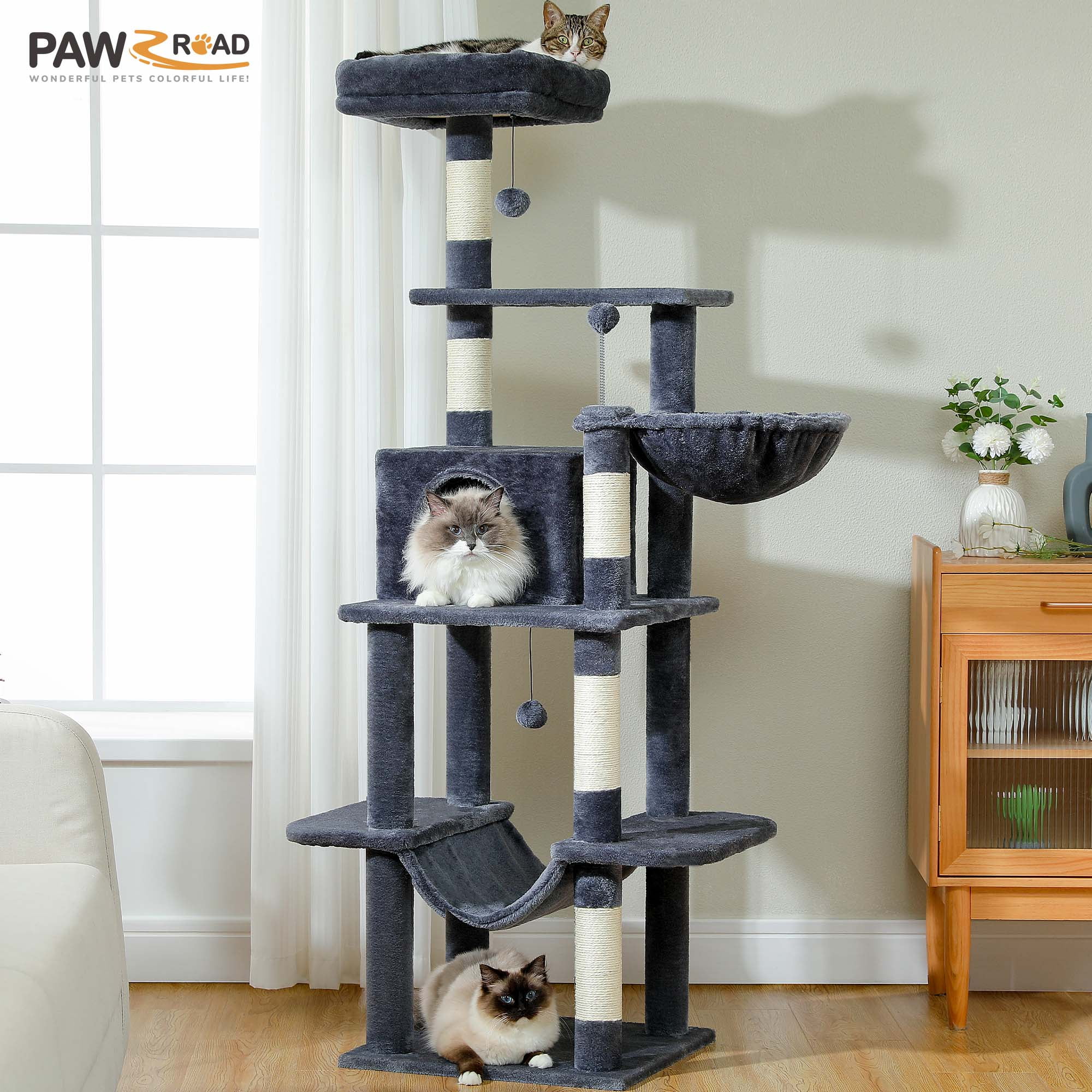 PAWZ Road 64" Cat Tree 5-Tier Sisal Scratching Post Tower Hammock Perch for Indoor Cats, Dark Gray - Walmart.com