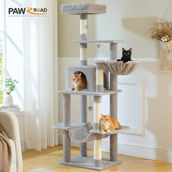 PAWZ Road 64" Cat Tree Condo Multi-Level Tower with 5 Scratching Posts for Indoor Medium Cats,Light Gray