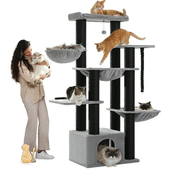 PAWZ Road 67" Extra Large Cat Tree, Thick Scratching Posts Multi-level Cat tower with 3 Hammocks, Black