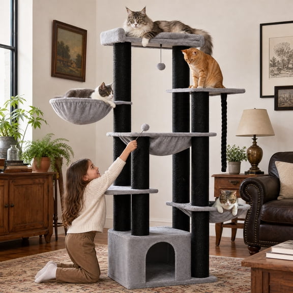 PAWZ Road 67" Extra Large Cat Tree, Thick Scratching Posts Multi-level Cat tower with 3 Hammocks, Black