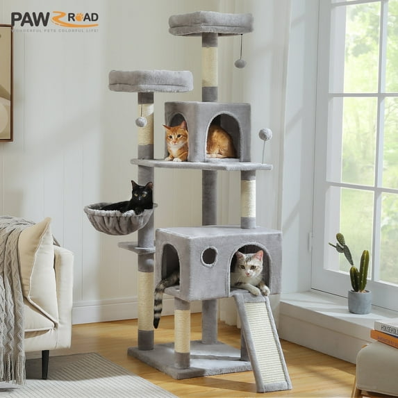 PAWZ Road 64" Cat Tree Large Cat Tower Multi-Level Cat Scratching Post Tower, Gray