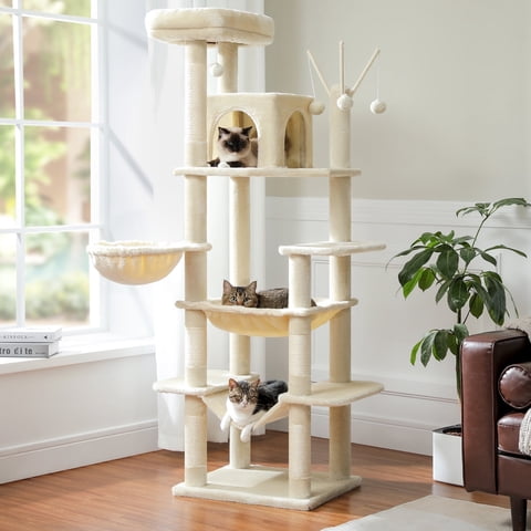 PAWZ Road 69" Cat Tree for Large Indoor Cats Multi-Level Cat Condo with Large Hammock Perch and 5 Scratching Posts, Beige