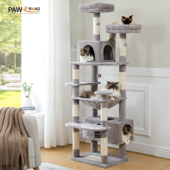 PAWZ Road 73" Cat Tree for Large Cats, Multi Level Play Tower Condo 7 Sisal Scratching Posts, Gray