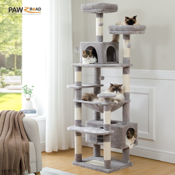 PAWZ Road 73" Cat Tree for Large Cats, Multi Level Play Tower Condo 7 Sisal Scratching Posts, Gray