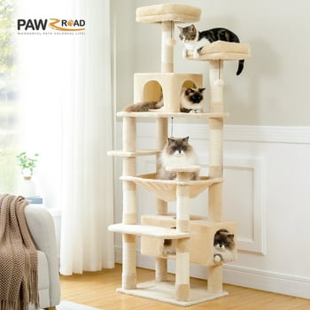 PAWZ Road 73" Cat Tree for Large Cats Multi Level Tall Cat Tower Condo with 7 Scratching Posts,Beige