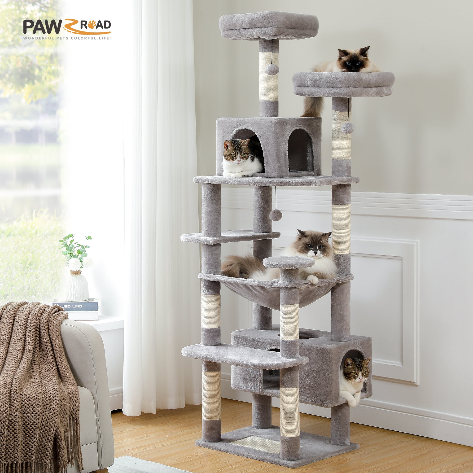 PAWZ Road 73" Cat Tree for Large Cats Multi Level Tall Cat Tower Condo