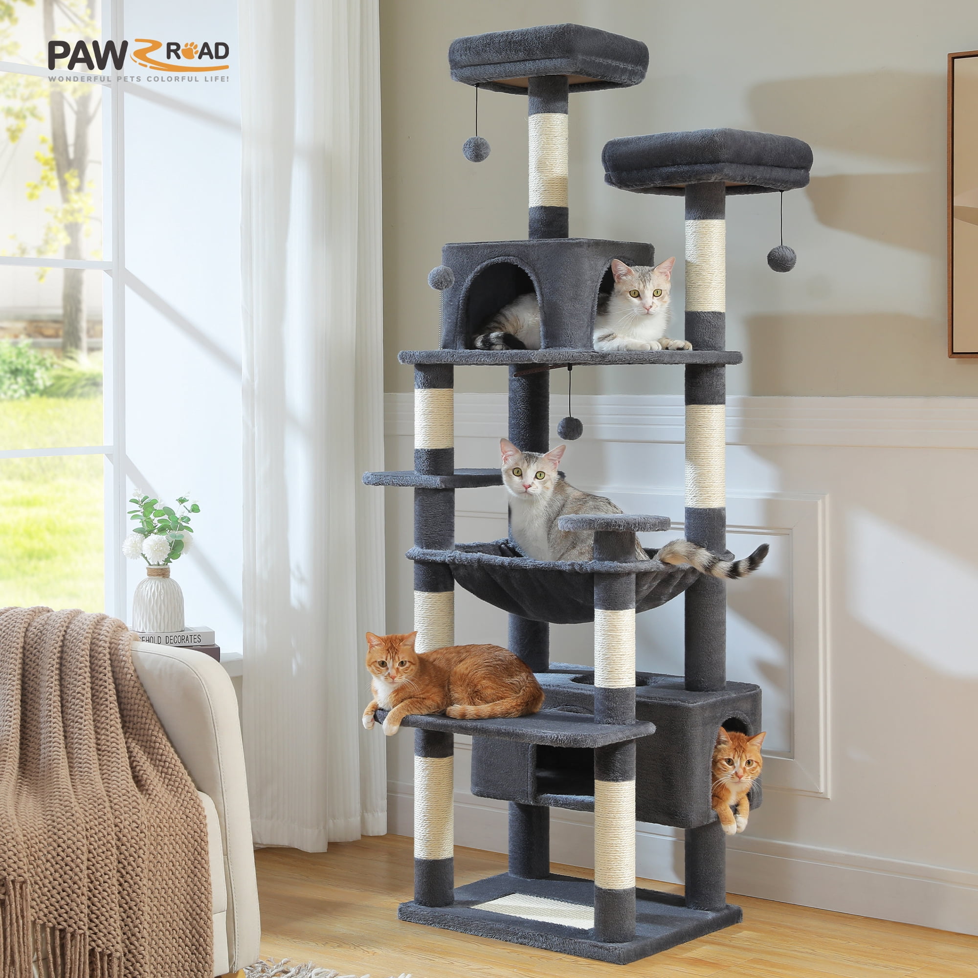 PAWZ Road 73"Cat Tree for Large Cats Multi Level Play Tower Condo 7 Sisal Cat Scratching Posts,Dark Gray