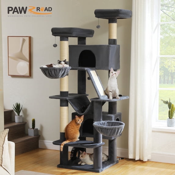 PAWZ Road 77" Cat Tree Multilevel Play Tower Enlarged Condo Hammock Sisal Scratching Posts Pads, Dark Gray