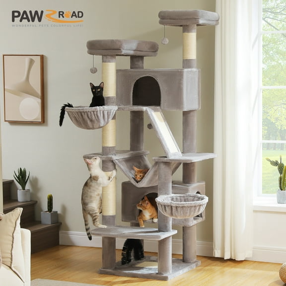 PAWZ Road 77" Cat Tree Multilevel Play Tower Enlarged Condo Hammock Sisal Scratching Posts Pads, Gray