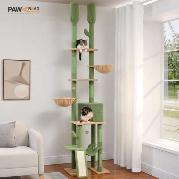 PAWZ Road 85-112" Cactus Cat Tree Floor to Ceiling Adjustable Climbing Cat Tower Scratching Post 2-Hammocks, Green