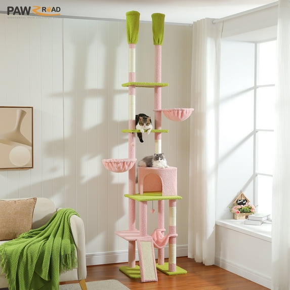PAWZ Road 85-112" Cactus Cat Tree Floor to Ceiling Furniture Climbing Cat Scratching Post Tower with Adjustable Height, Pink