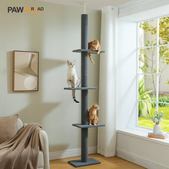 PAWZ Road 90-107" Floor to Ceiling Cat Tree Tower 4 Tier Tall Cat Climbing Posts Adjustable, Gray