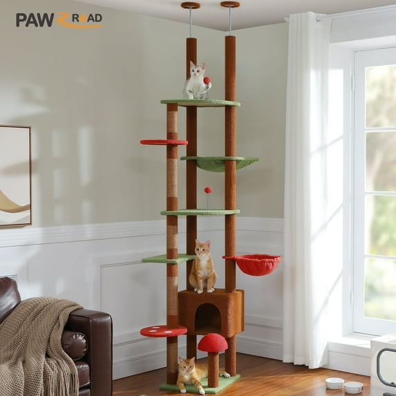 PAWZ Road 90.5-100.4" Floor to Ceiling Cat Tree Tower, Adjustable Climbing Tree for Large Cats Scratching, Brown
