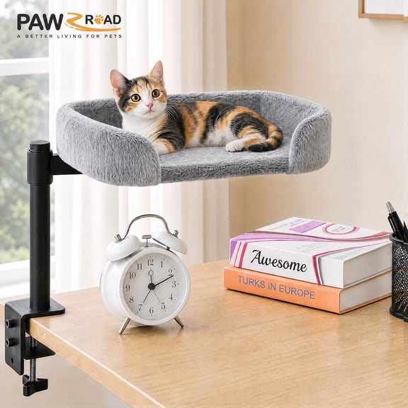 PAWZ Road Adjustable Desk Cat Bed, 360° Rotating Height-Adjustable Elevated Cat Nest, Fits Multi-Thickness Tables, Gray