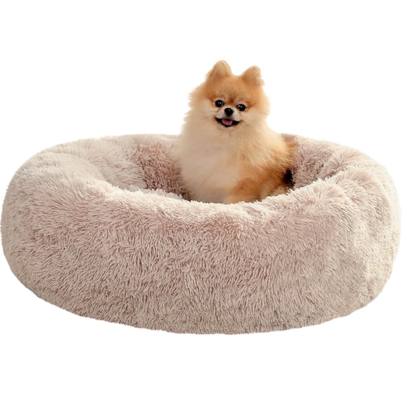 PAWZ Road Calming Donut Dog Bed Anti-Anxiety Plush Pillow Round Puppy Cat Bed 30" for Pets Up to 45lbs,Beige