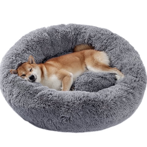 PAWZ Road Calming Donut Dog Bed Anti-Anxiety Plush Pillow Round Puppy Cat Bed 30" for Pets up to 45lbs,Gray