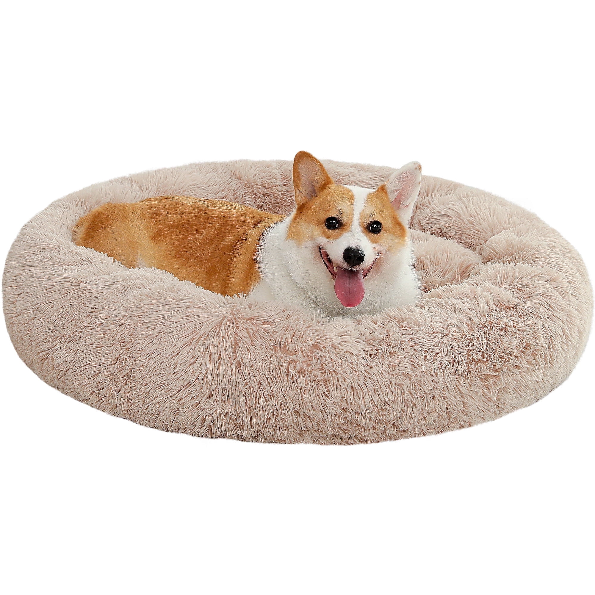 PAWZ Road Calming Donut Dog Bed Anti-Anxiety Plush Pillow Round Puppy Cat Bed 35" for Pets Up to 100lbs,Beige