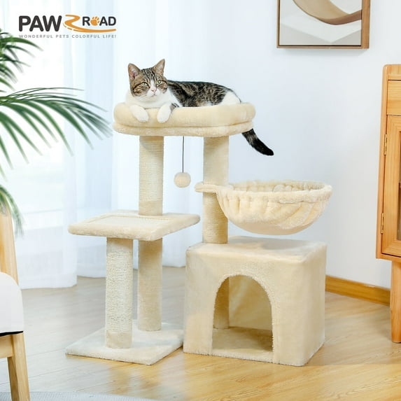 PAWZ Road Cat Tree 28.3" Cat Tower with Large Basket Top Perch and Scratching Posts Pad for Indoor Cats, Beige