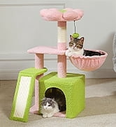 PAWZ Road Cat Tree 31.5" Cute Flower Cat Scratching Post Tower with Cozy Condo, Hammock & Ramp for Indoor Cats, Pink
