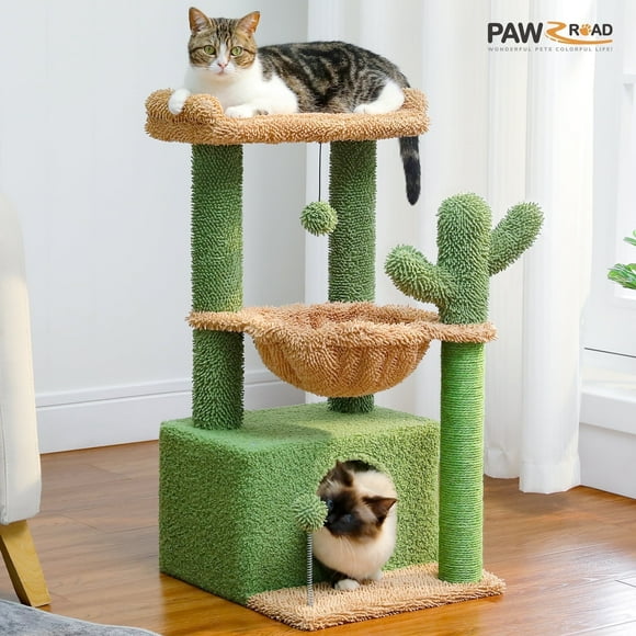 PAWZ Road Cat Tree 33" Cute Cactus Cat Scratching Posts Tower with Large Top Perch and Hammock for Medium Indoor Cats, Green