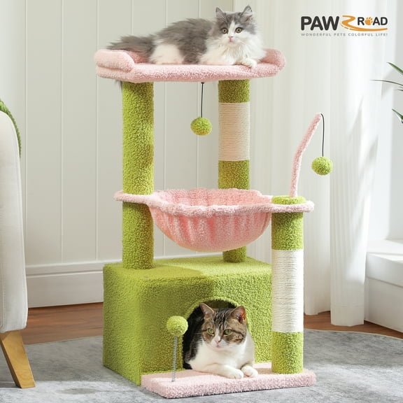 PAWZ Road Cat Tree 33" Cute Flower Cat Scratching Posts Tower with Large Top Perch and Hammock for Medium Indoor Cats, Pink
