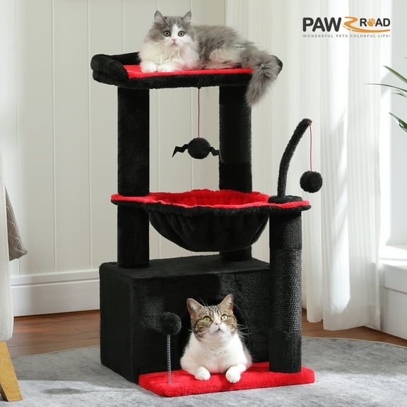 PAWZ Road Cat Tree 33" Gothic Cat Scratching Posts Tower with Large Top Perch and Hammock for Medium Indoor Cats, Black