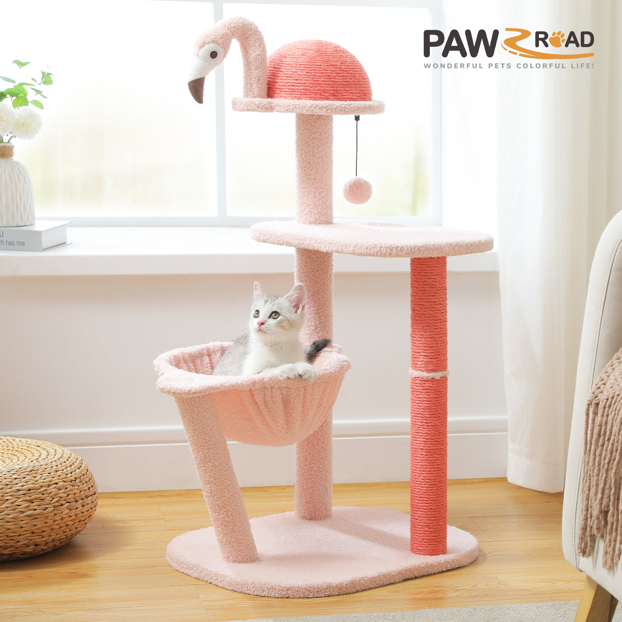 PAWZ Road Cat Tree 37 Cute Flamingo Cat Tower with Large Hammock and Natural Sisal Scratching Post Light Pink