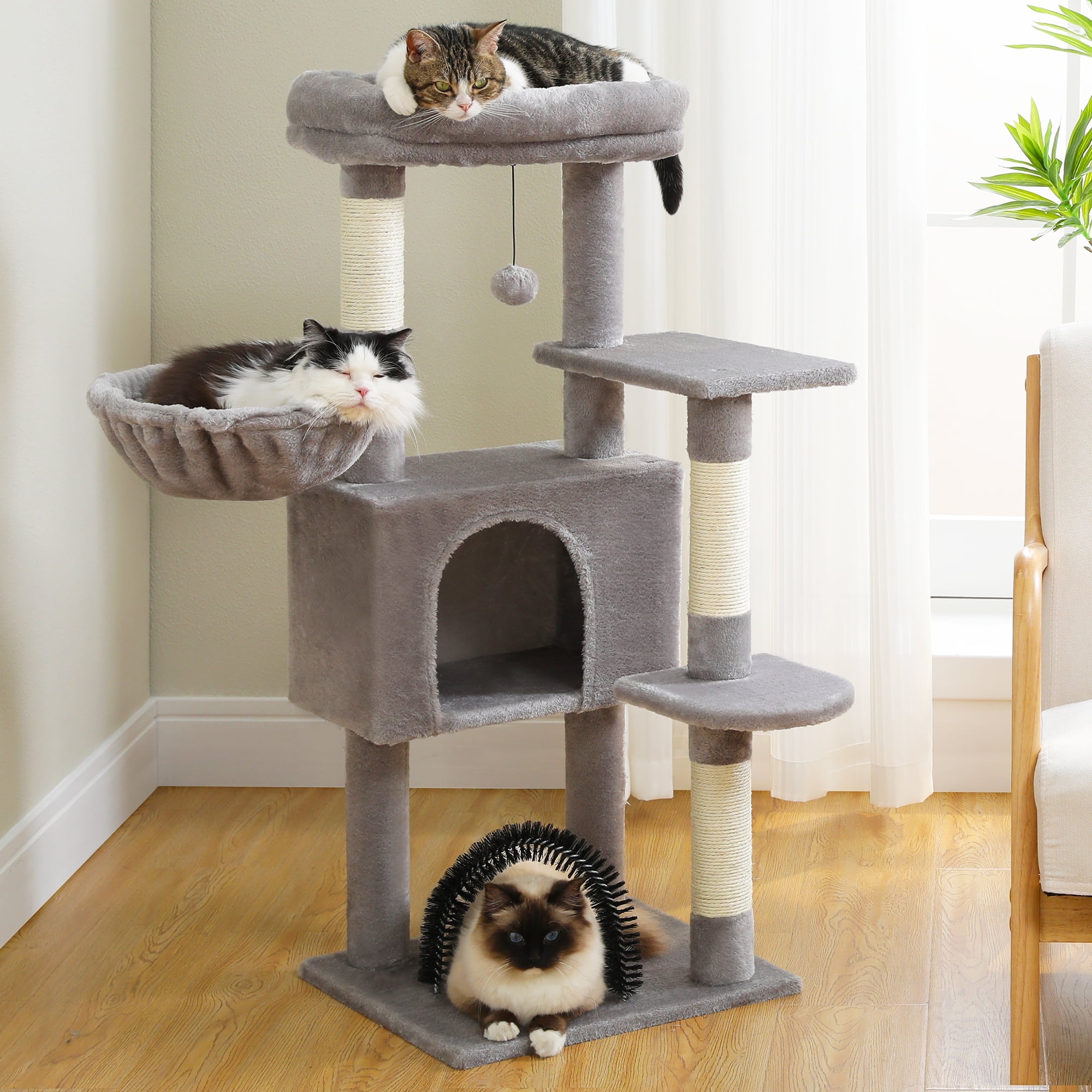Free Shipping PAWZ Road Cat Tree 41.7 Medium Cat Tower Condo with Soft Perch Hammock Scratching Posts and Self grooming Toy Light Gray Walmart