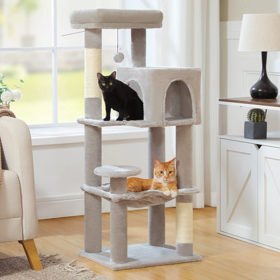 PAWZ Road Cat Tree 46” for Indoor Small Cats Multi-level Cat Tower with Scratching Posts, Perch and Hammock, Gray