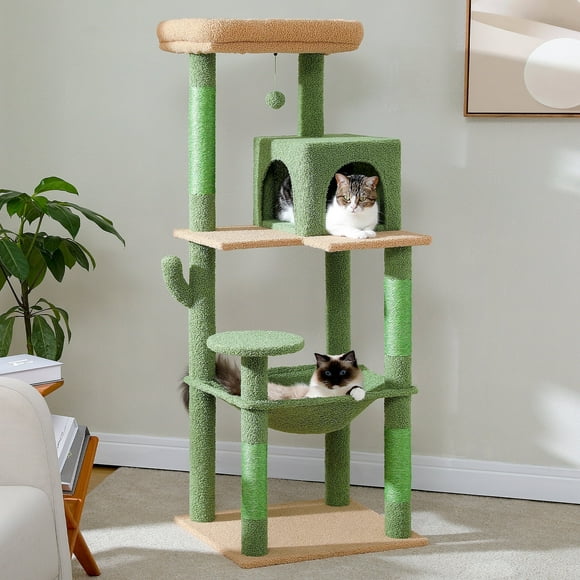 PAWZ Road Cat Tree 56" Sisal Scratching Posts Tower with Large Perch Hammock for All Indoor Cats,Green