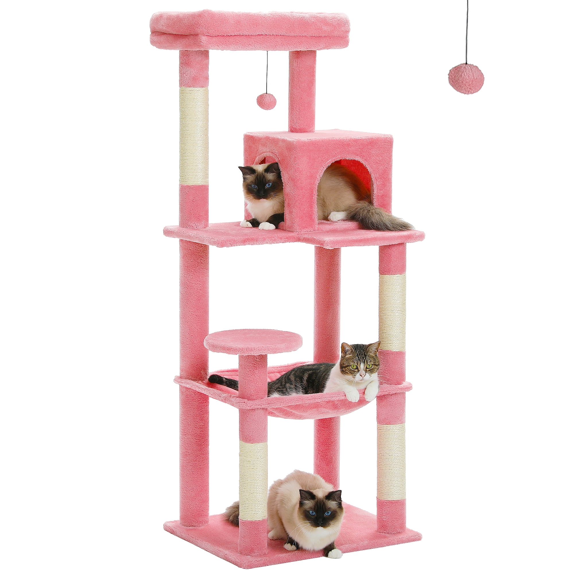 PAWZ Road Cat Tree 56" Sisal Scratching Posts Tower with Large Perch Hammock for All Indoor Cats,Pink