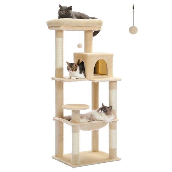 PAWZ Road Cat Tree 56" Sisal Scratching Posts Tower with Large Perch Hammock for All Indoor Cats,Upgrade Beige