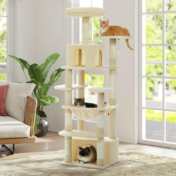 PAWZ Road Cat Tree 64" Sisal Scratching Posts Tower with Large Perch Hammock for All Indoor Cats,Beige