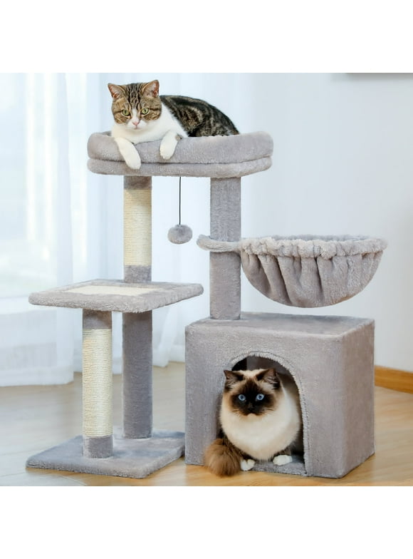 PAWZ Road Cat Tree Condo 28.3" Cat Tower with Large Basket Top Perch and Scratching Posts Pad for Kitten and Medium Cats, Light Gray