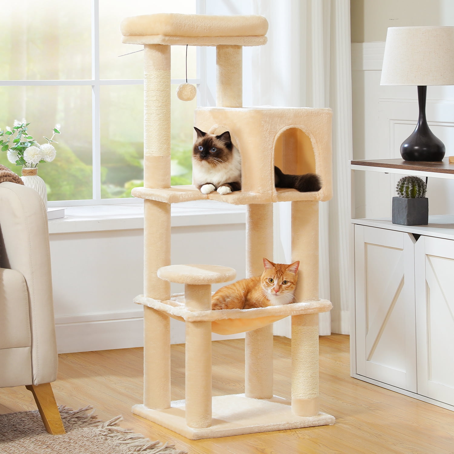 PAWZ Road Cat Tree Condo 46”with Sisal Covered Scratching Posts Tower Deep Hammock and Large Perch for Small Cats, Beige