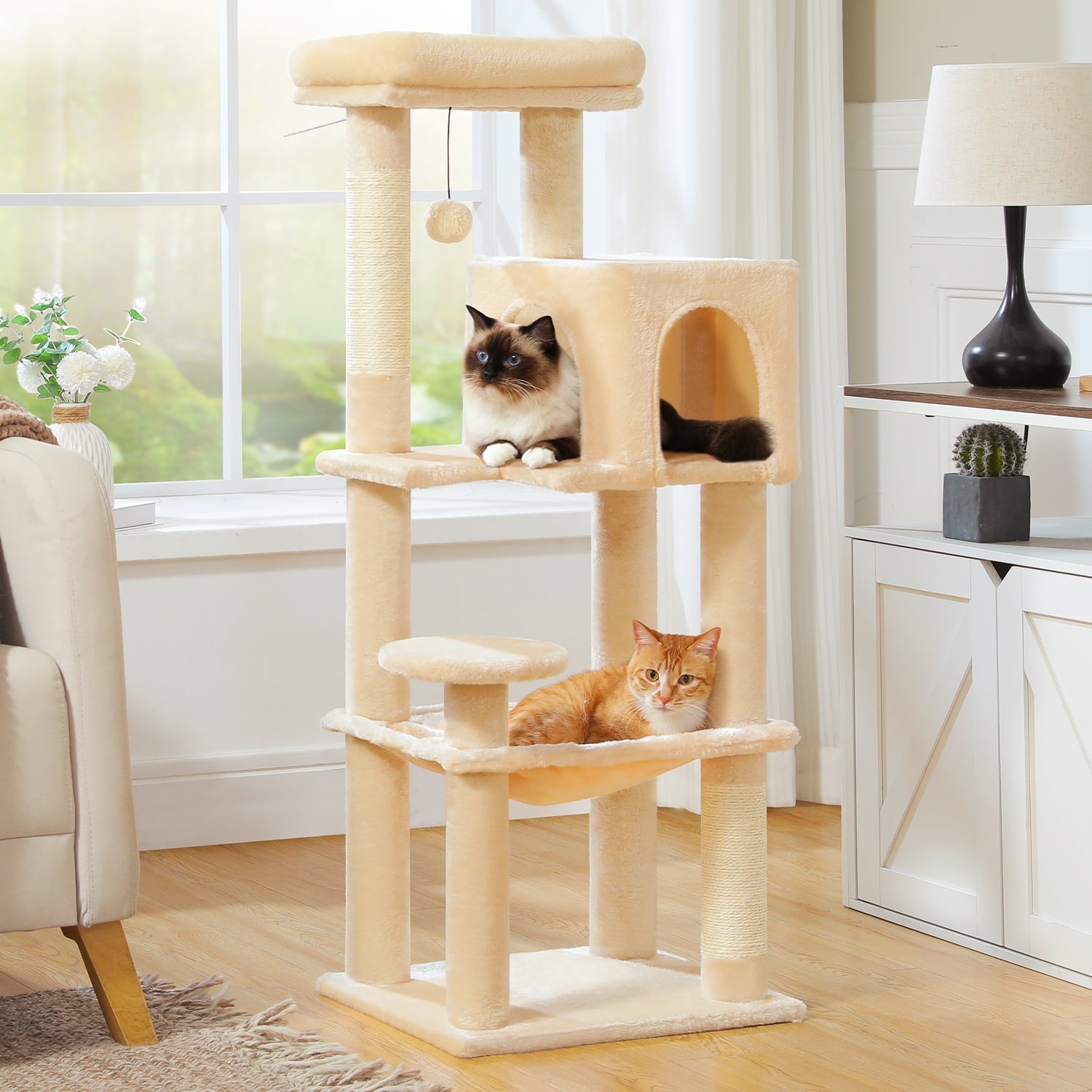 PAWZ Road Cat Tree Condo 46”with Sisal Covered Scratching Posts Tower Deep Hammock and Large Perch for Small Cats, Beige
