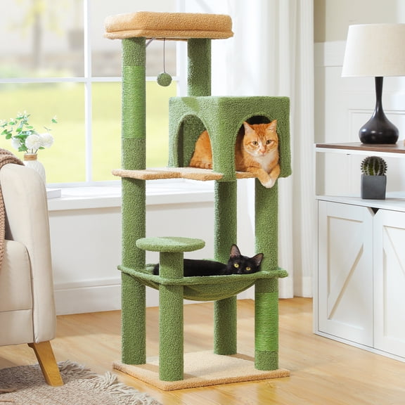 PAWZ Road Cat Tree Condo 46" with Sisal Covered Scratching Posts Tower Deep Hammock and Large Perch for Small Cats,Green