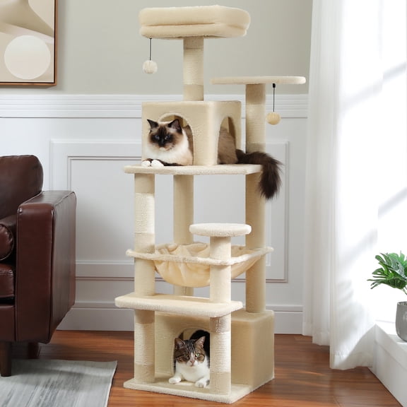 PAWZ Road Cat Tree Condo 54" with Sisal Covered Scratching Posts Tower Deep Hammock and Large Perch for Small Cats, Beige